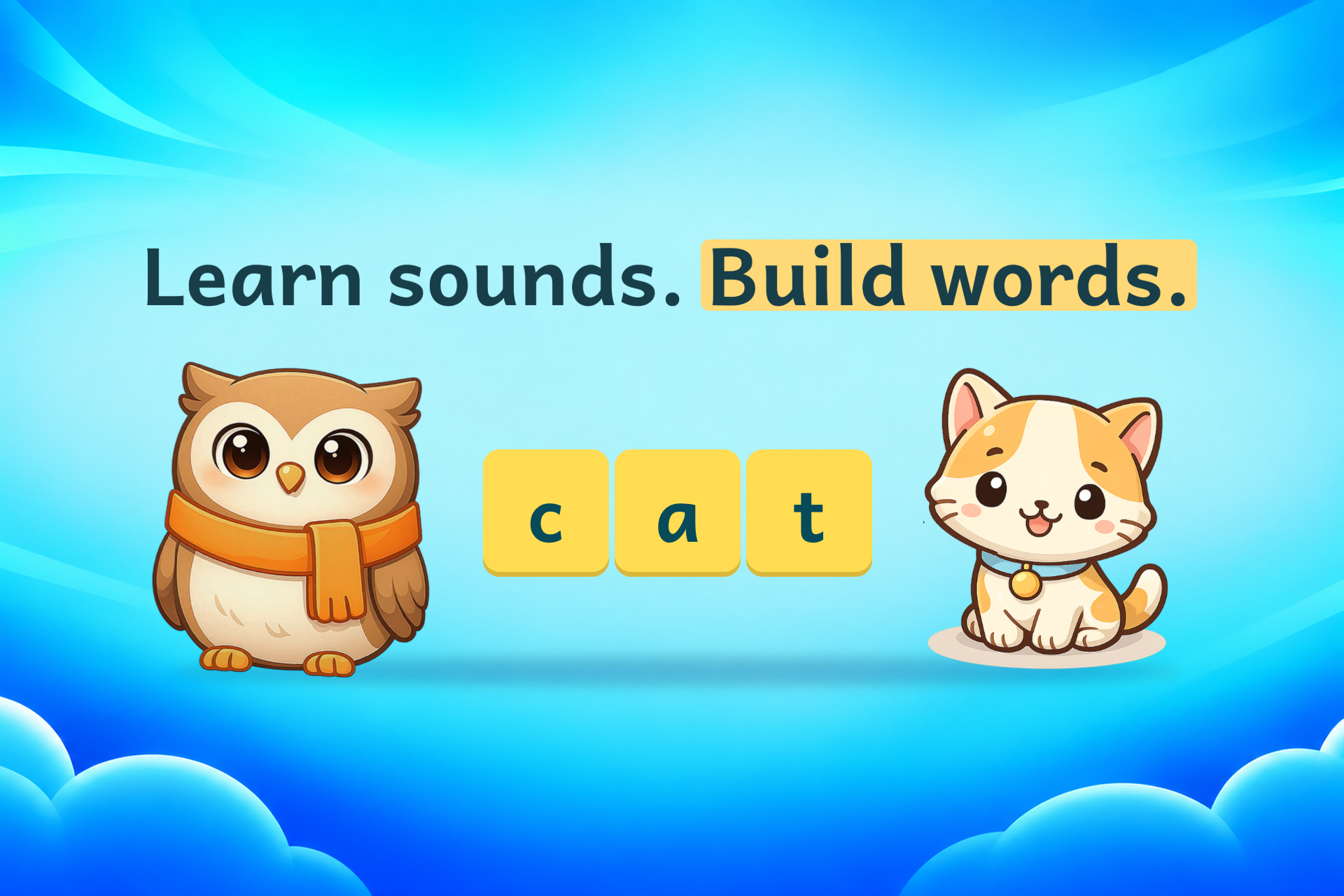 Die englischen Buchstaben c, a und t bilden cat (Katze), danach erscheint ein Kätzchen.