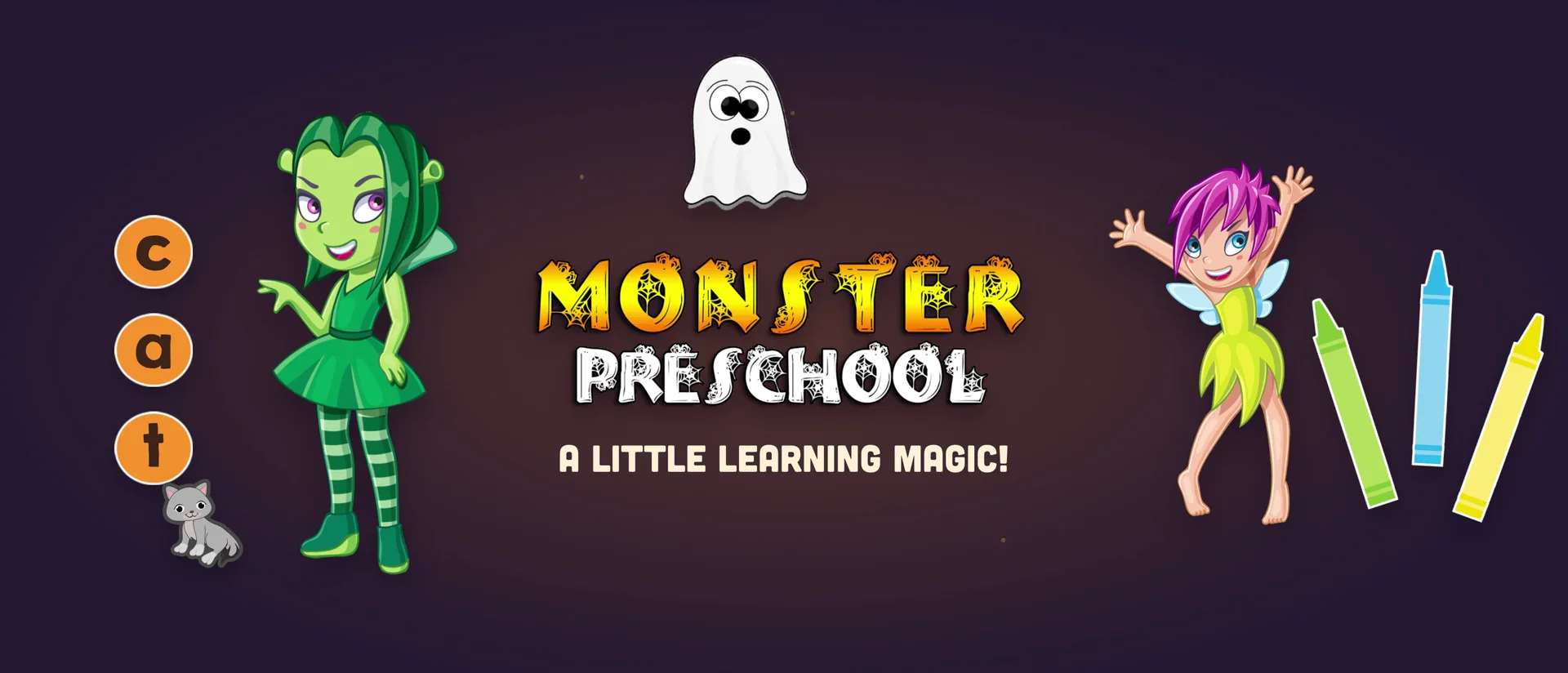 Monster Preschool: A little learning magic! Friendly Halloween characters, cat letter tiles and colourful crayons.