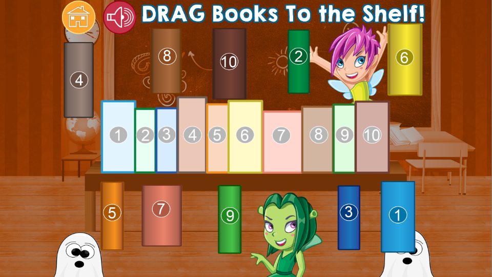 Numbered books to drag onto a shelf labelled from one to ten