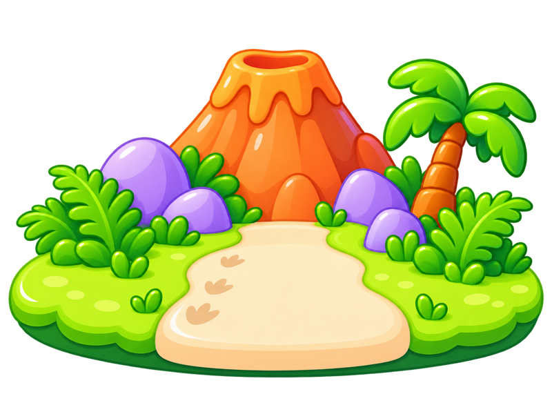 A grassy dinosaur island with a volcano, palm tree and little footprints