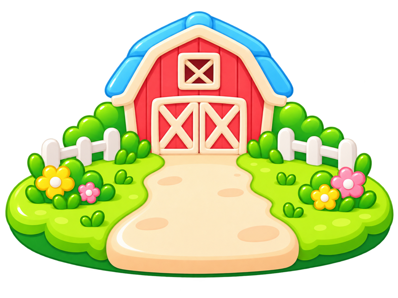 A little farm island with a red barn, white fence and flowers