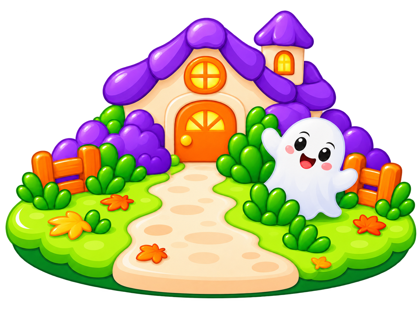 A little Halloween island with a friendly ghost and a purple-roofed classroom