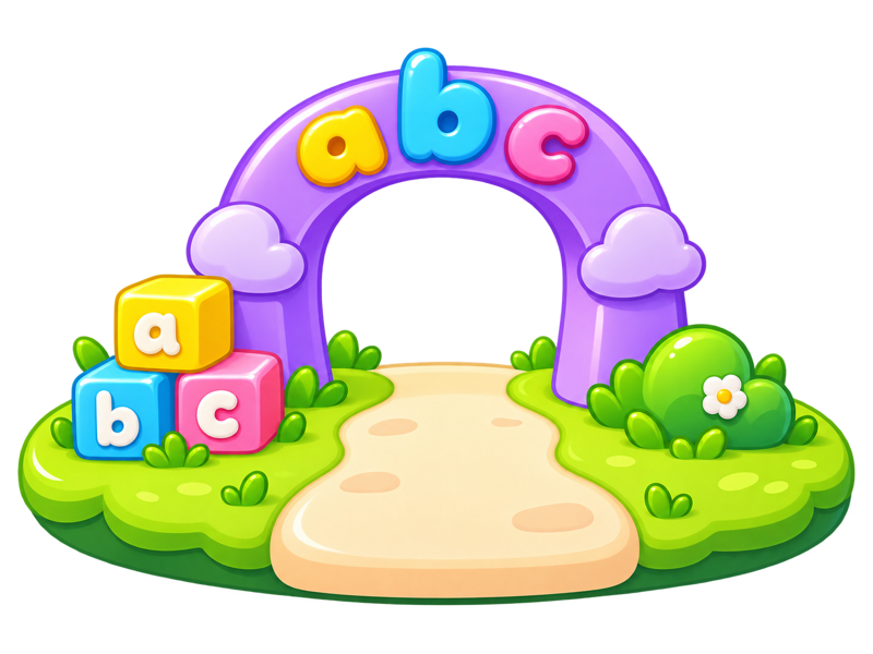A little alphabet playground with a purple arch and colourful letter blocks
