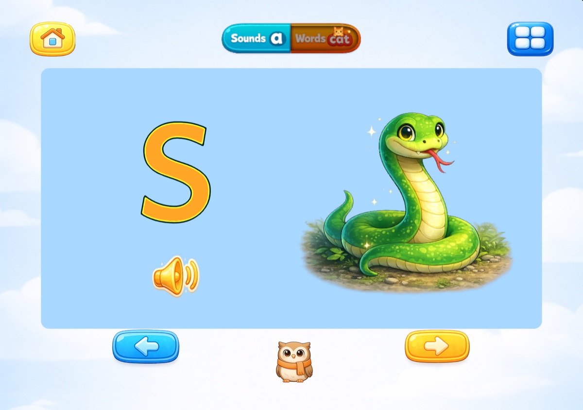 Tarjeta de Phonics for Kids con S, una serpiente y un botón de audio.