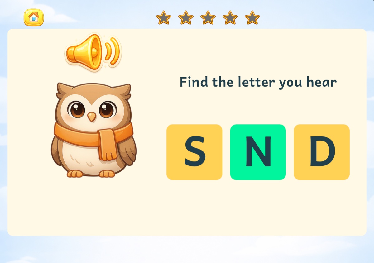 Pantalla de Phonics for Kids con S, N y D; N aparece en verde.