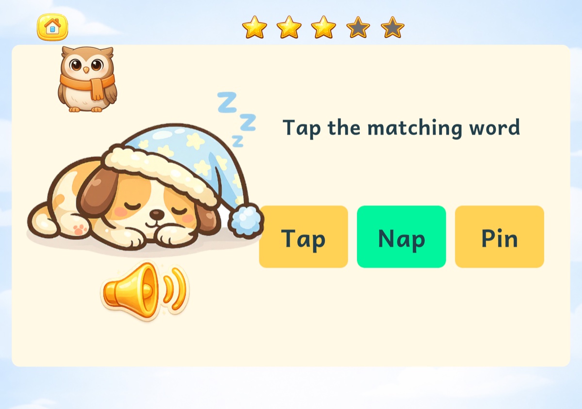 Pantalla de Phonics for Kids con un perro dormido y Tap, Nap y Pin; Nap aparece en verde.