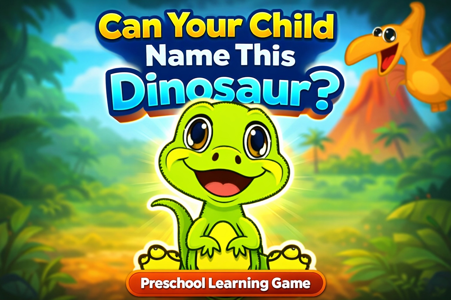 Dinosaur Preschool artwork with a smiling green dinosaur and a flying prehistoric friend